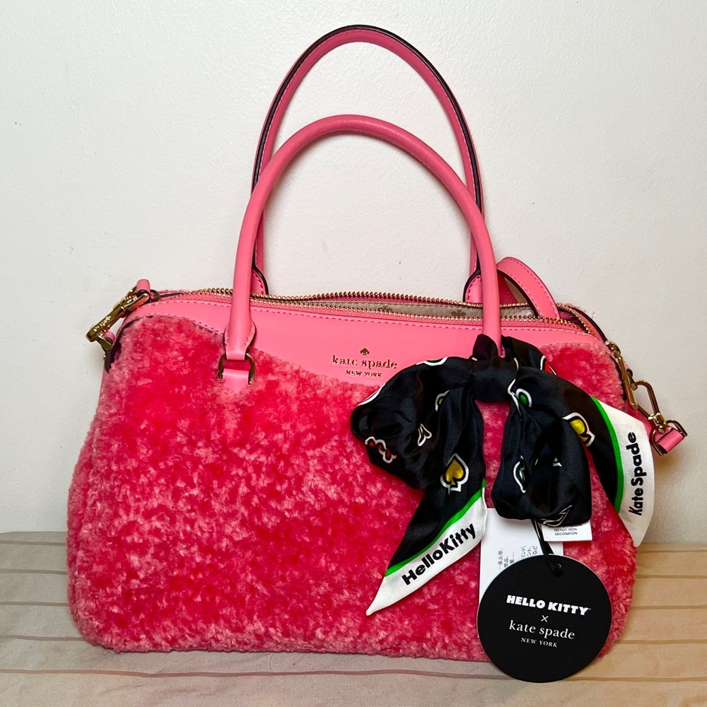 Kate Spade Pink Faux Fur Satchel with new Kate Spade hello Kitty scarf with COA